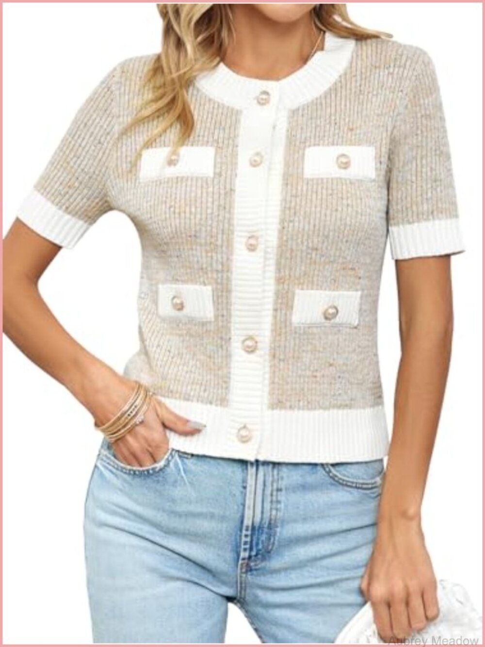 Women's Short Sleeve Button Down Cardigan Sweater Cropped Lightweight Crew Neck